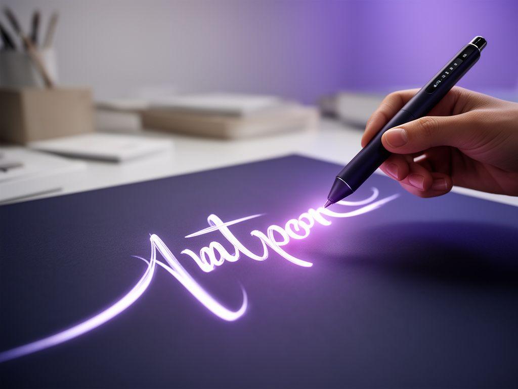 Pluma digital trazando caligrafía luminosa sobre un escritorio creativo en Madrid